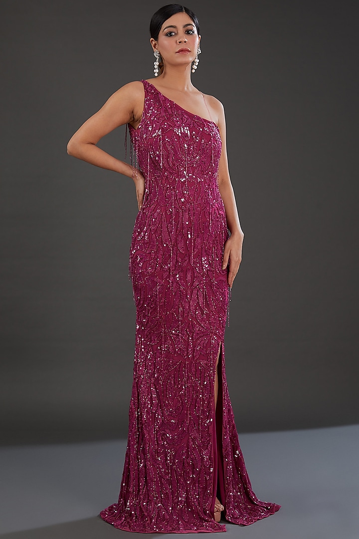Pink Net Cutdana & Sequins Embellished One-Shoulder Gown by Majestic by Japnah