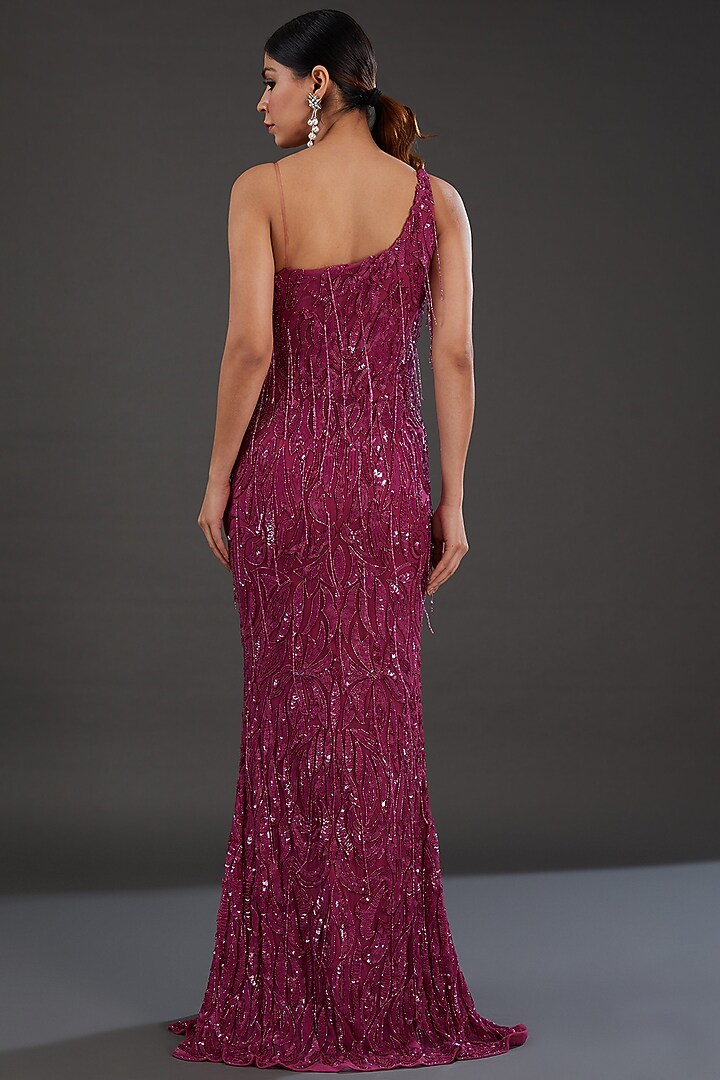 Pink Net Cutdana & Sequins Embellished One-Shoulder Engagement Gown by Majestic by Japnah at Pernia's Pop Up Shop