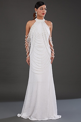White Georgette Cutdana & Sequins Embellished Gown by Majestic by Japnah