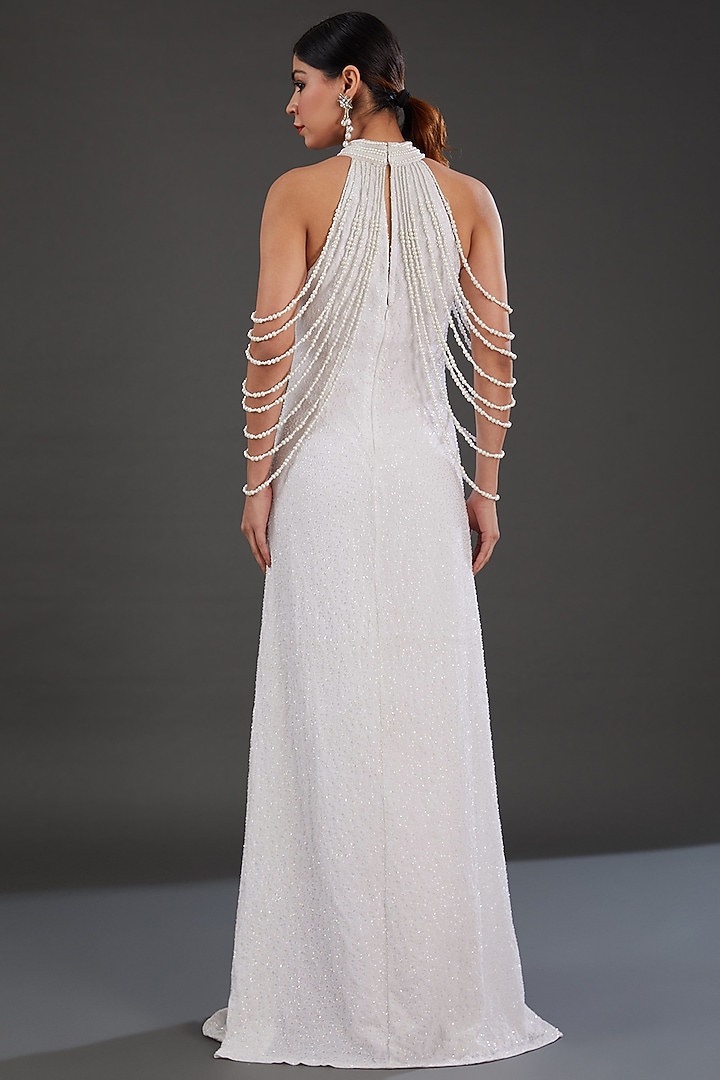 White Georgette Cutdana & Sequins Embellished Engagement Gown by Majestic by Japnah at Pernia's Pop Up Shop
