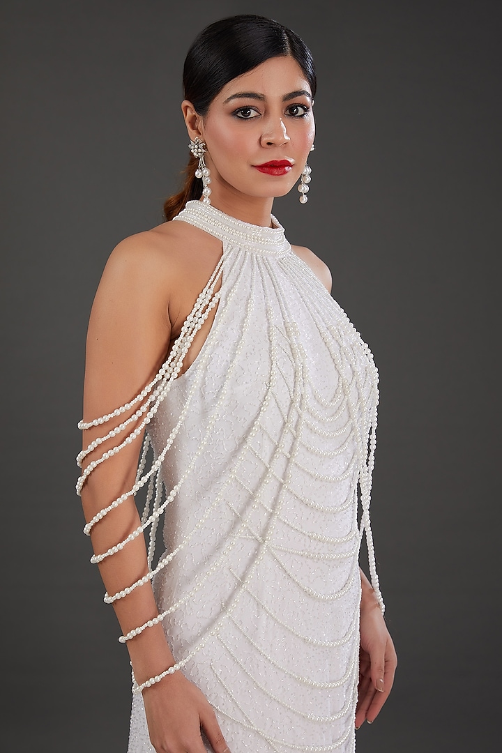 White Georgette Cutdana & Sequins Embellished Engagement Gown by Majestic by Japnah at Pernia's Pop Up Shop