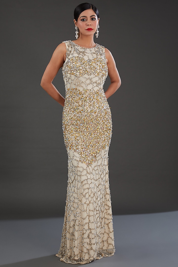 Gold & Off-White Net Crystal & Sequins Embellished Gown by Majestic by Japnah