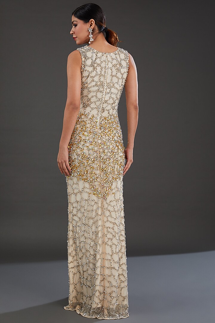 Gold & Off-White Net Crystal & Sequins Embellished Wedding Gown by Majestic by Japnah at Pernia's Pop Up Shop