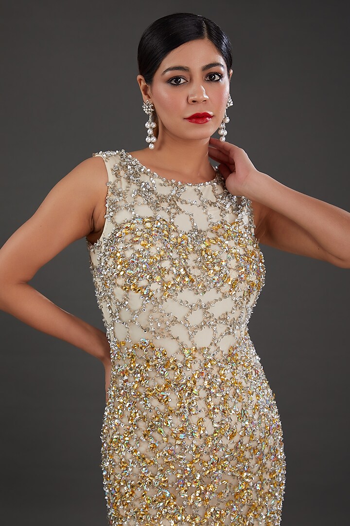 Gold & Off-White Net Crystal & Sequins Embellished Wedding Gown by Majestic by Japnah at Pernia's Pop Up Shop