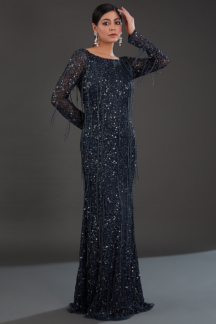 Black Net Bead & Cutdana Embellished Gown by Majestic by Japnah