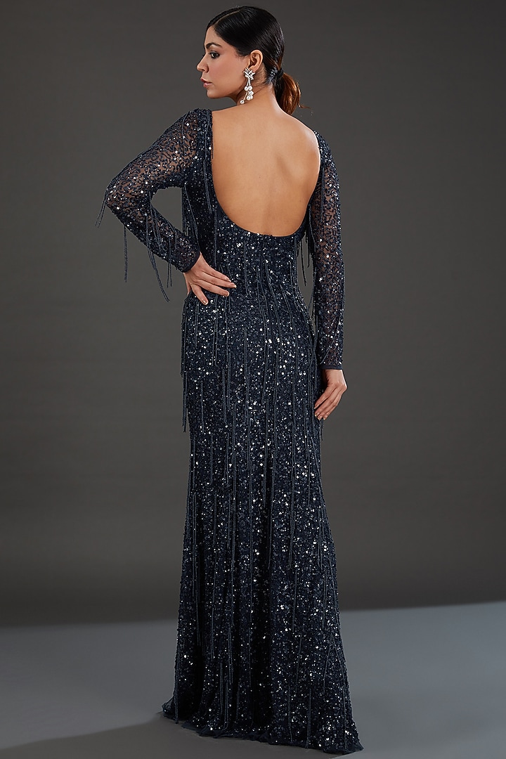 Black Net Bead & Cutdana Embellished Engagement Gown by Majestic by Japnah at Pernia's Pop Up Shop
