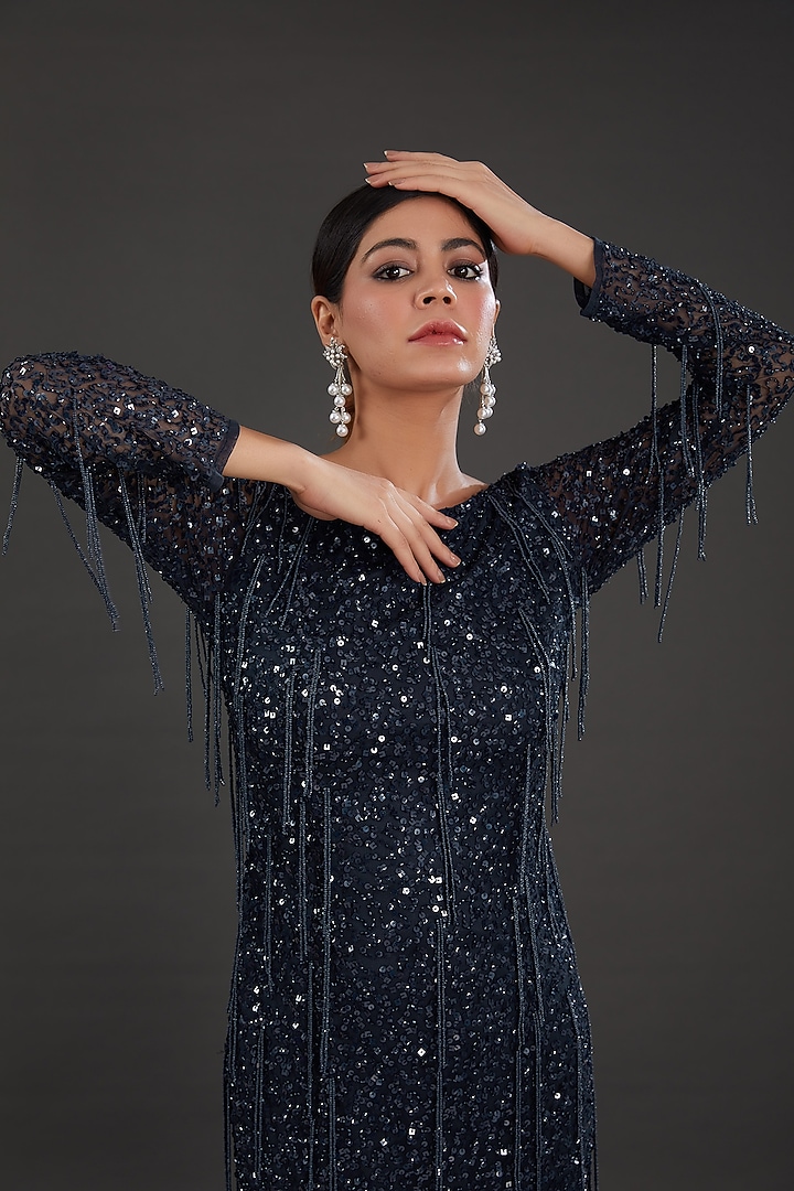 Black Net Bead & Cutdana Embellished Engagement Gown by Majestic by Japnah at Pernia's Pop Up Shop