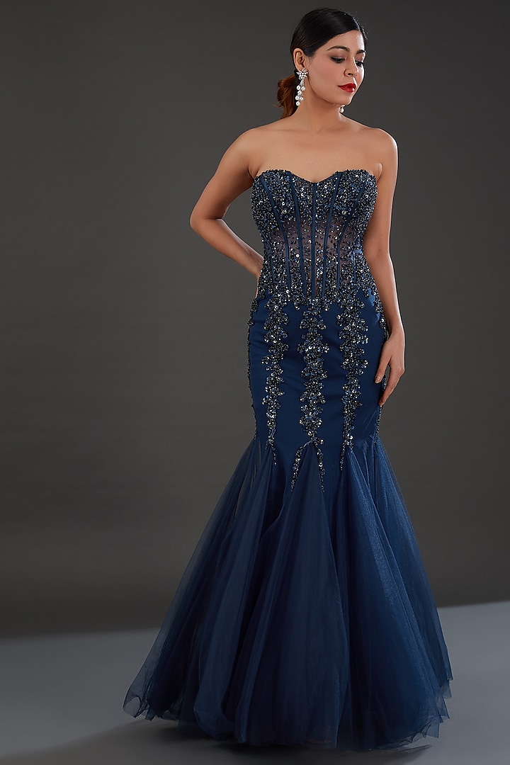 Blue Net Bead & Cutdana Embellished Mermaid Gown by Majestic by Japnah