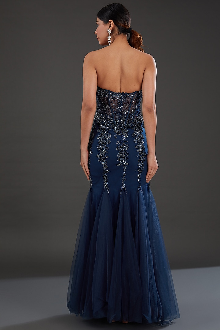 Blue Net Bead & Cutdana Embellished Mermaid Engagement Gown by Majestic by Japnah at Pernia's Pop Up Shop