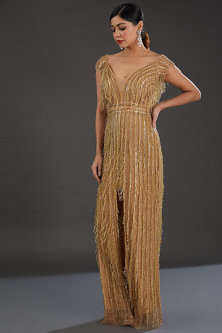 Gold Net Cutdana Hand Embellished Off-Shoulder Gown by Majestic by Japnah