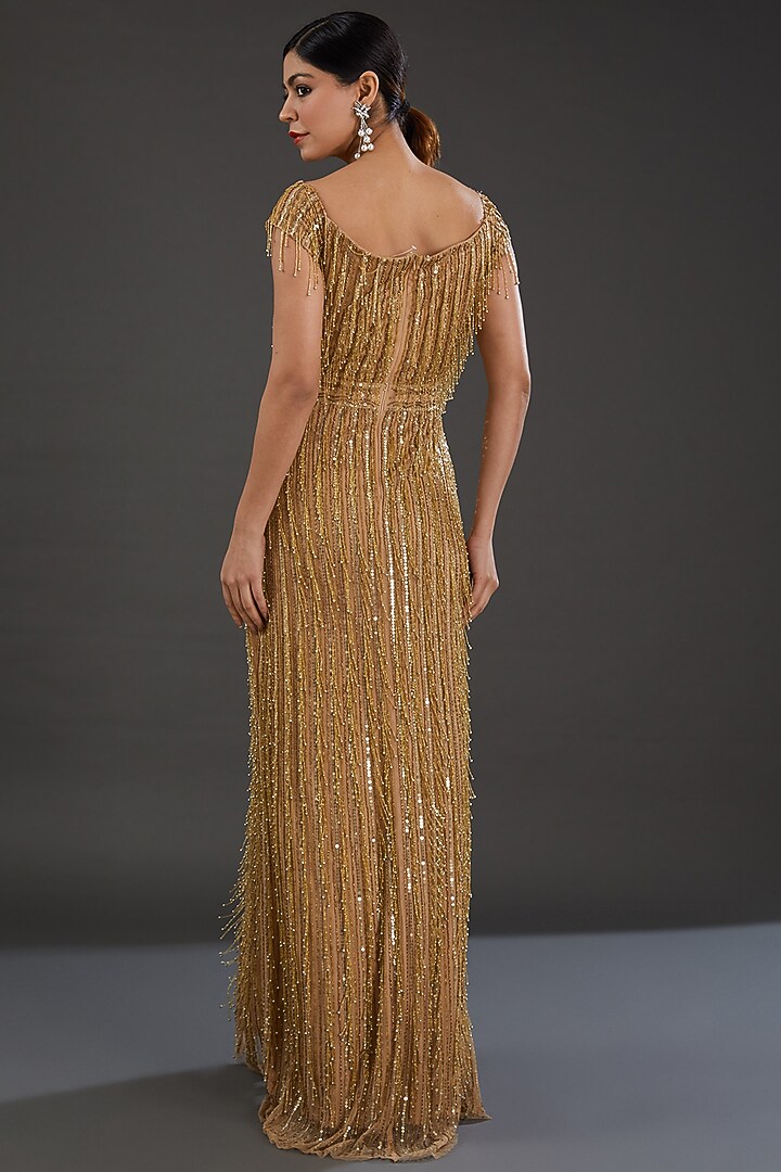 Gold Net Cutdana Hand Embellished Off-Shoulder Wedding Gown by Majestic by Japnah at Pernia's Pop Up Shop