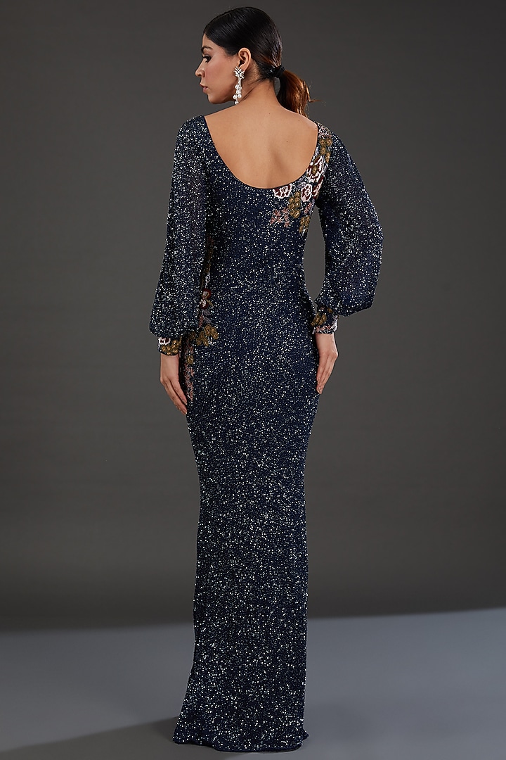 Blue Chiffon Floral & Cutdana Embroidered Engagement Gown by Majestic by Japnah at Pernia's Pop Up Shop