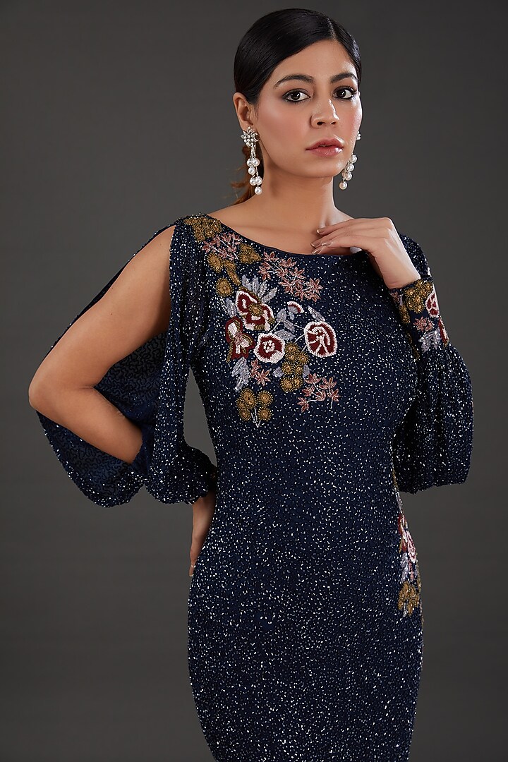 Blue Chiffon Floral & Cutdana Embroidered Engagement Gown by Majestic by Japnah at Pernia's Pop Up Shop