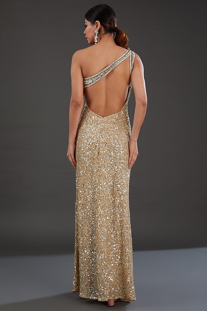 Gold Net Sequins & Cutdana Embellished One-Shoulder Engagement Gown by Majestic by Japnah at Pernia's Pop Up Shop