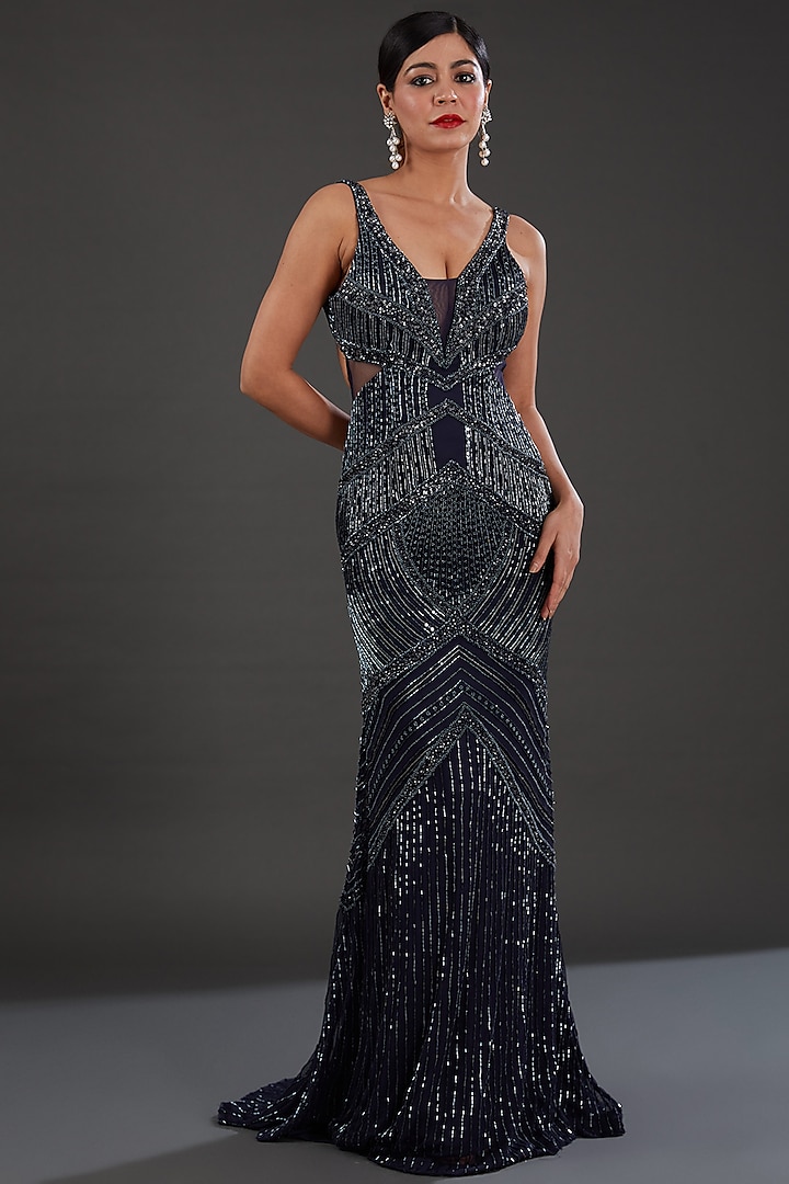 Blue Net Cutdana Embellished Gown by Majestic by Japnah
