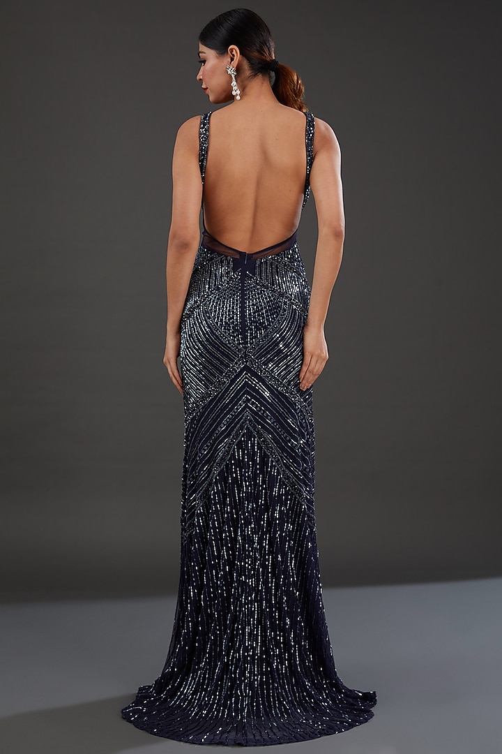 Blue Net Cutdana Embellished Engagement Gown by Majestic by Japnah at Pernia's Pop Up Shop