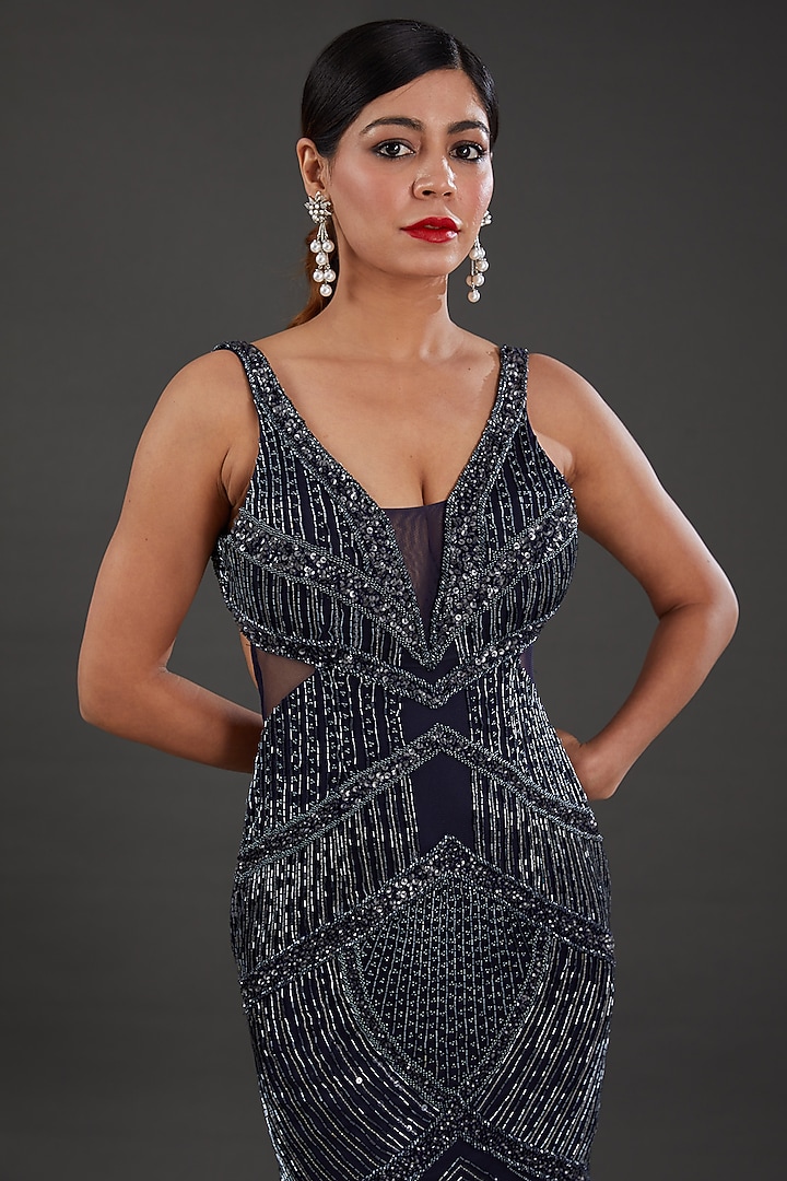 Blue Net Cutdana Embellished Engagement Gown by Majestic by Japnah at Pernia's Pop Up Shop