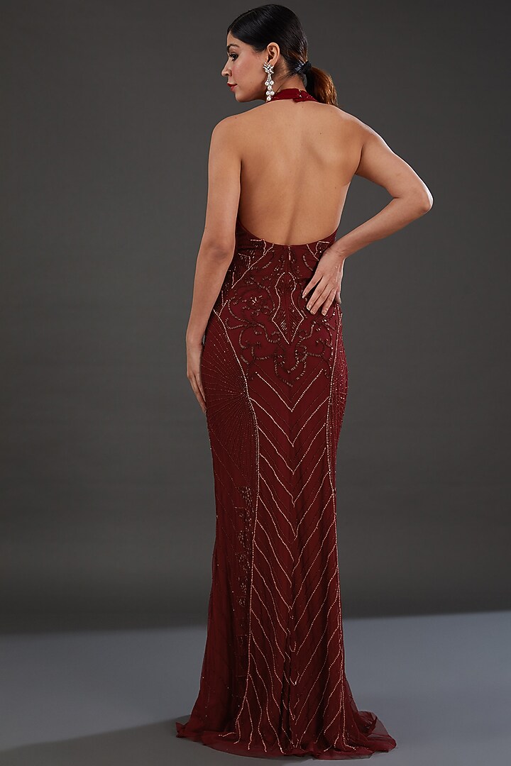 Red Net Cutdana Embellished Engagement Gown by Majestic by Japnah at Pernia's Pop Up Shop