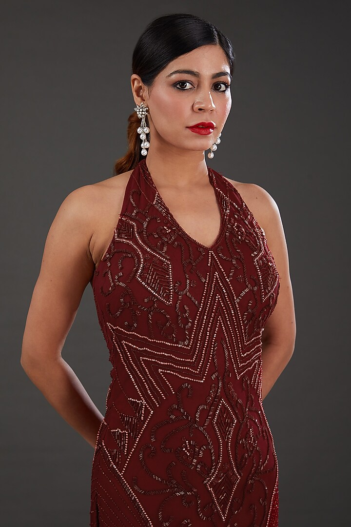 Red Net Cutdana Embellished Engagement Gown by Majestic by Japnah at Pernia's Pop Up Shop