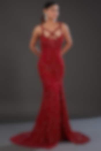 Red Net Cutdana Embellished Gown by Majestic by Japnah