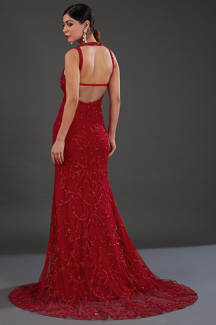 Red Net Cutdana Embellished Engagement Gown by Majestic by Japnah at Pernia's Pop Up Shop