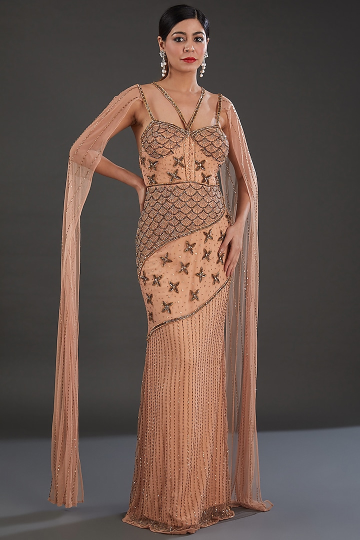 Golden Beige Net Bead & Cutdana Embellished Gown by Majestic by Japnah