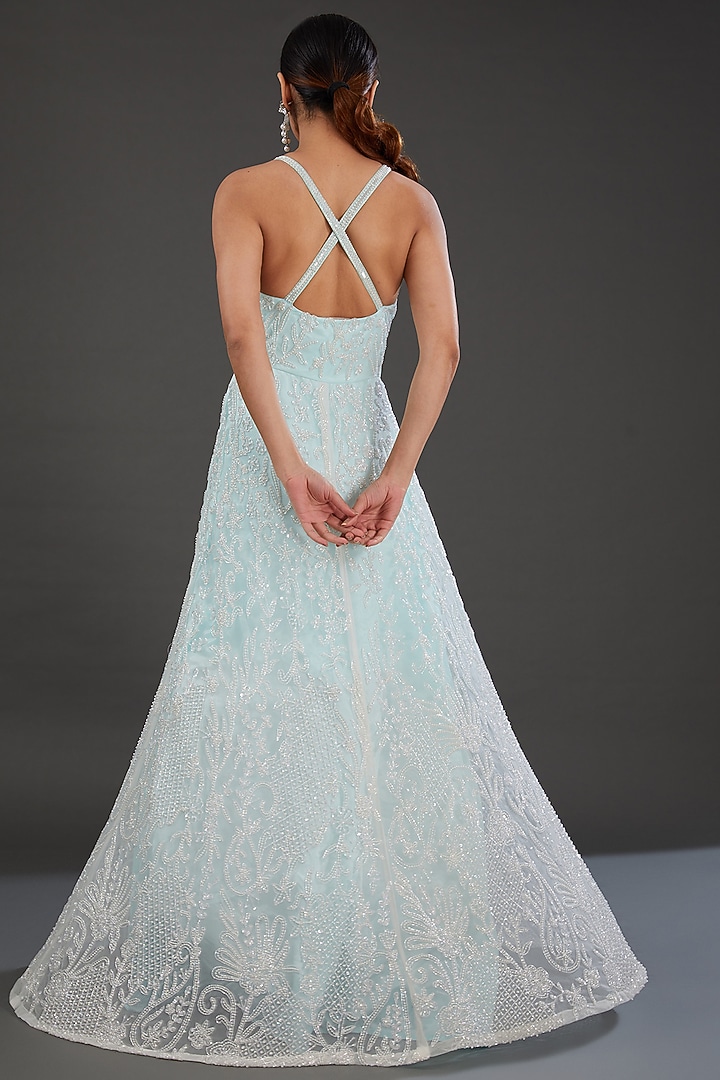 White Net Cutdana Embellished A-Line Flared Wedding Gown by Majestic by Japnah at Pernia's Pop Up Shop