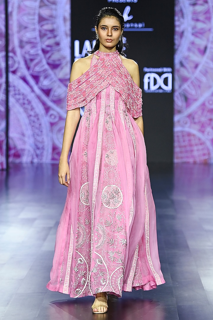 Candy Pink Satin Embroidered Bridal Anarkali by Megha Bansal at Pernia's Pop Up Shop
