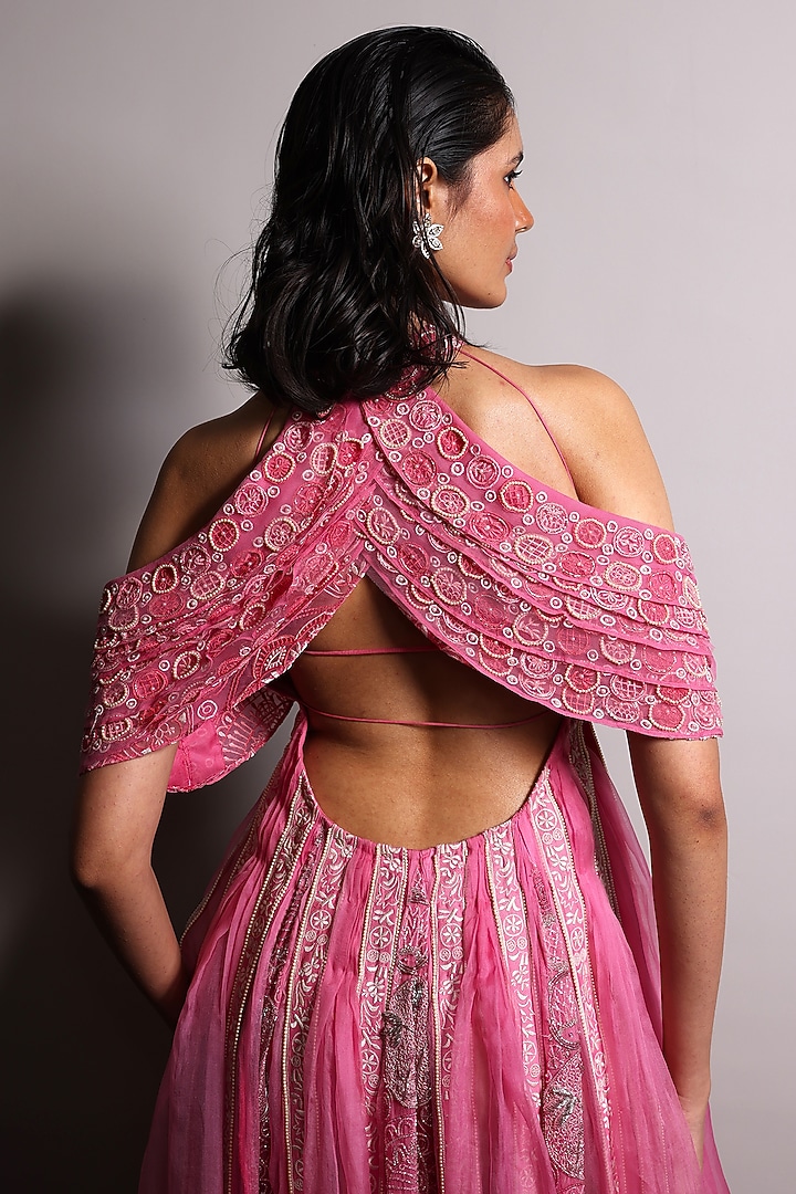 Candy Pink Satin Embroidered Bridal Anarkali by Megha Bansal at Pernia's Pop Up Shop
