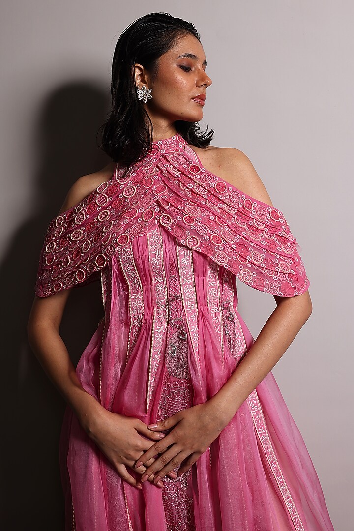 Candy Pink Satin Embroidered Bridal Anarkali by Megha Bansal at Pernia's Pop Up Shop