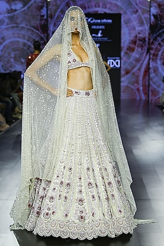 Ecru Tulle Embroidered Lehenga Set by Megha Bansal