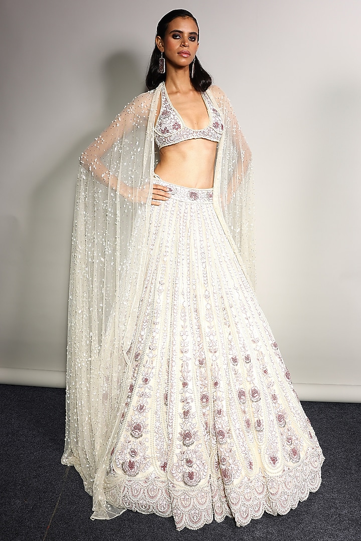 Ecru Tulle Embroidered Bridal Lehenga Set by Megha Bansal at Pernia's Pop Up Shop