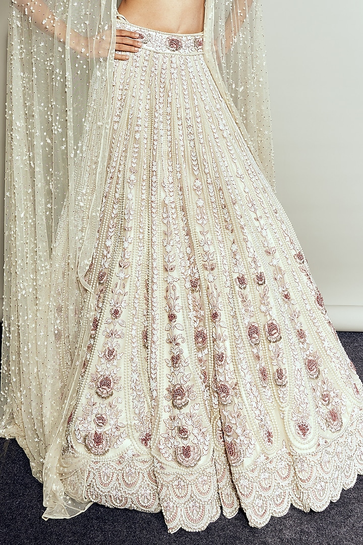 Ecru Tulle Embroidered Bridal Lehenga Set by Megha Bansal at Pernia's Pop Up Shop