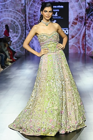 Multi-Colored Silk Organza Embroidered Lehenga Set by Megha Bansal