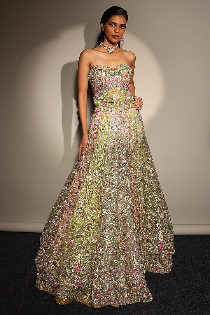 Multi-Colored Silk Organza Embroidered Bridal Lehenga Set by Megha Bansal at Pernia's Pop Up Shop