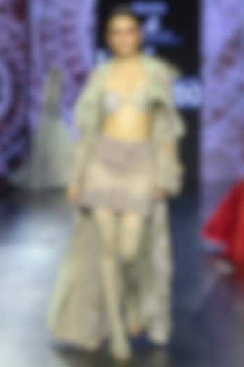 Rose Gold Organza Embroidered Trench Coat Set by Megha Bansal at Pernia's Pop Up Shop