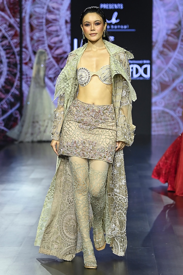 Rose Gold Organza Embroidered Trench Coat Set by Megha Bansal at Pernia's Pop Up Shop