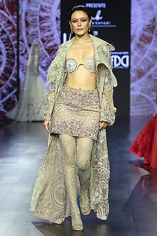 Rose Gold Organza Embroidered Trench Coat Set by Megha Bansal