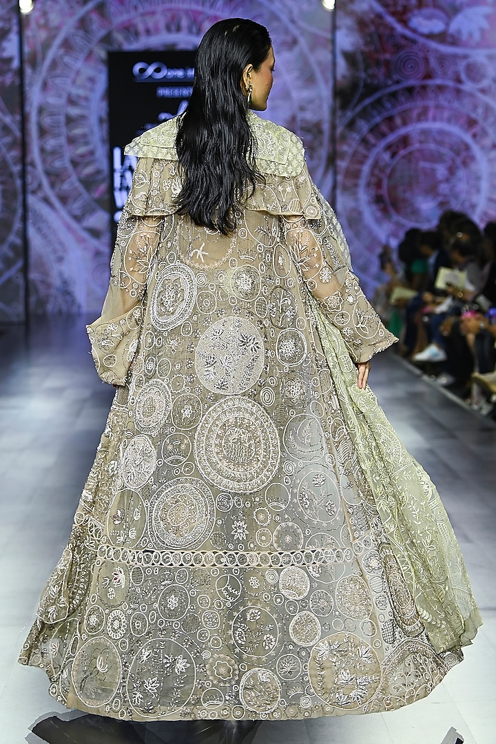 Rose Gold Organza Embroidered Trench Coat Set by Megha Bansal at Pernia's Pop Up Shop