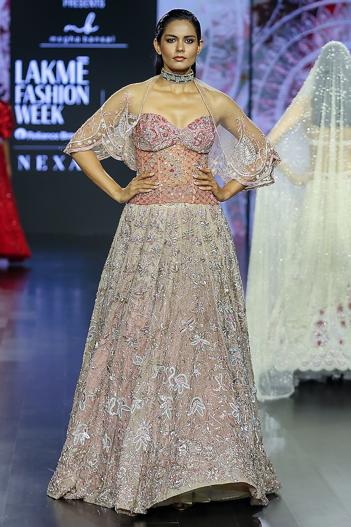 Rose Gold Silk Organza & Tulle Embroidered Jacket Bridal Lehenga Set by Megha Bansal at Pernia's Pop Up Shop