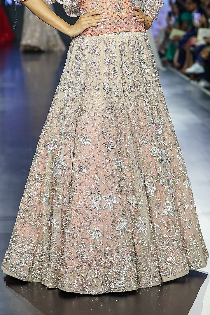 Rose Gold Silk Organza & Tulle Embroidered Jacket Bridal Lehenga Set by Megha Bansal at Pernia's Pop Up Shop