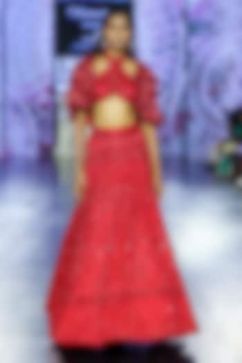 Red Tulle Embroidered Bridal Lehenga Set by Megha Bansal at Pernia's Pop Up Shop