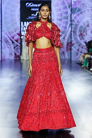 Red Tulle Embroidered Lehenga Set by Megha Bansal