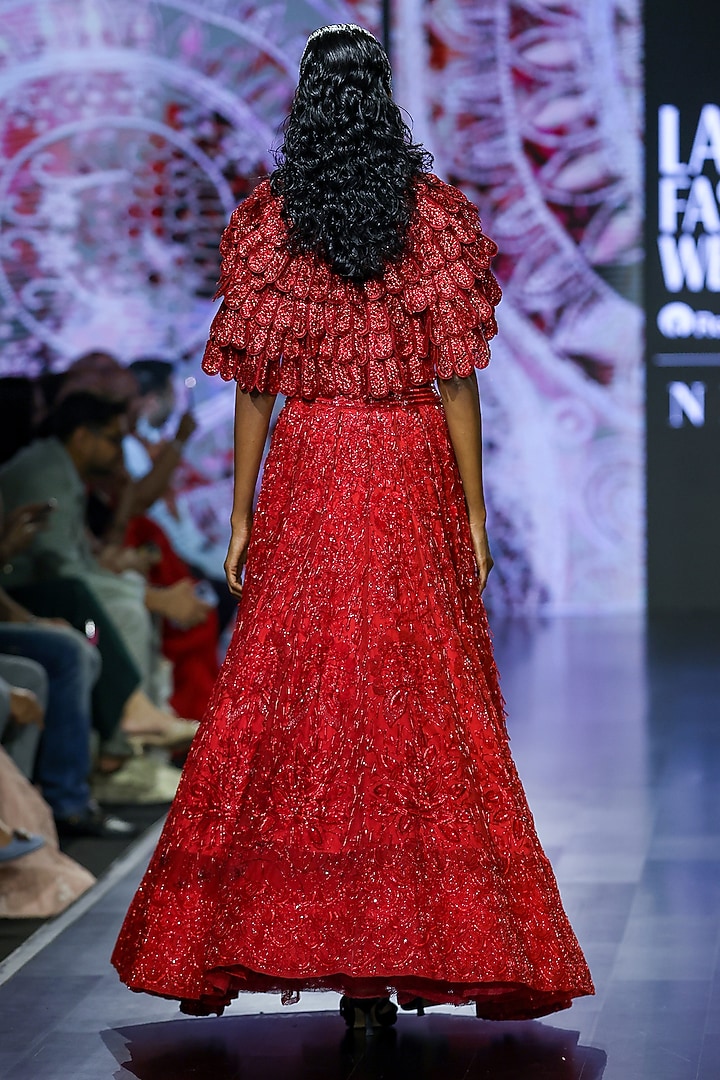 Red Tulle Embroidered Bridal Lehenga Set by Megha Bansal at Pernia's Pop Up Shop