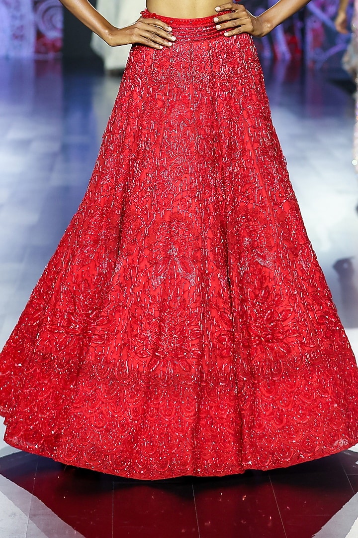 Red Tulle Embroidered Bridal Lehenga Set by Megha Bansal at Pernia's Pop Up Shop