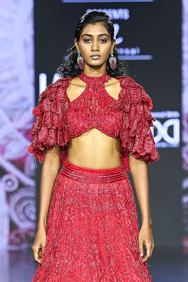 Red Tulle Embroidered Bridal Lehenga Set by Megha Bansal at Pernia's Pop Up Shop