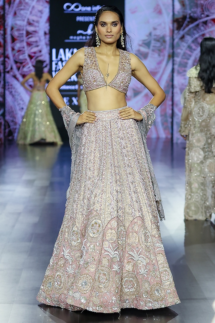 Rose Gold Tulle Embroidered Bridal Lehenga Set by Megha Bansal at Pernia's Pop Up Shop