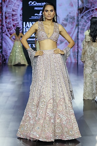 Rose Gold Tulle Embroidered Lehenga Set by Megha Bansal