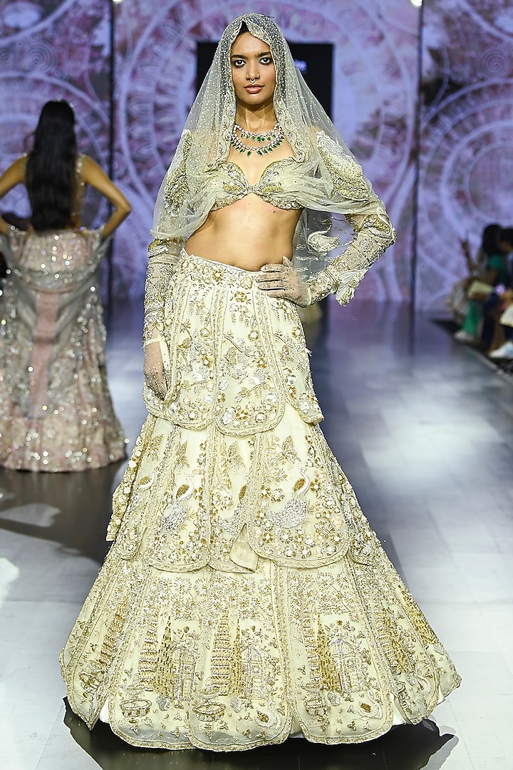 Ecru Golden Silk Organza Embroidered Bridal Lehenga Set by Megha Bansal at Pernia's Pop Up Shop