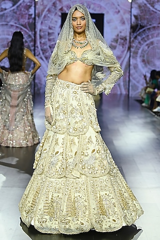 Ecru Golden Silk Organza Embroidered Lehenga Set by Megha Bansal